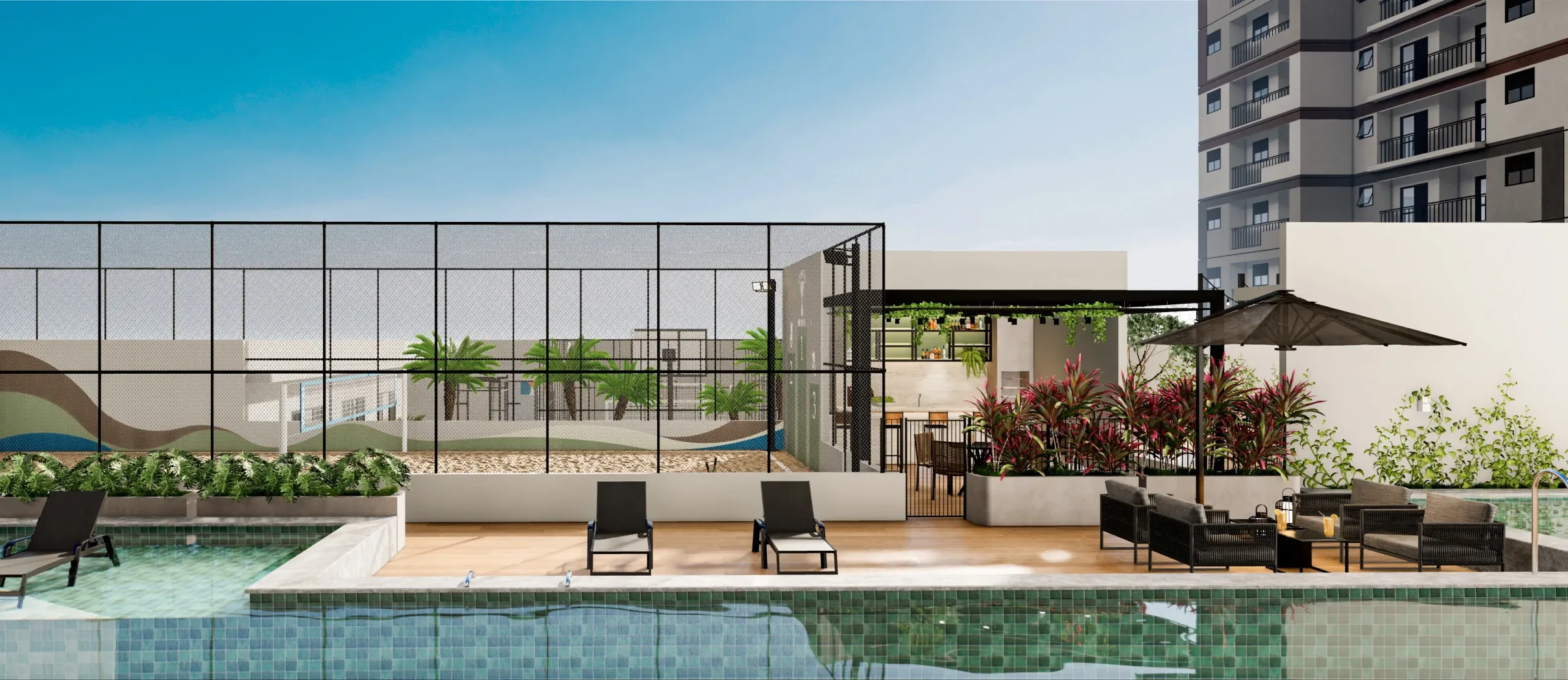 Piscina e quadra de beach tennis do Ipa Club — imagem ilustrativa