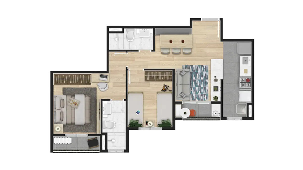 Planta de 52 m² do JJR Buena Vista Clube — imagem ilustrativa