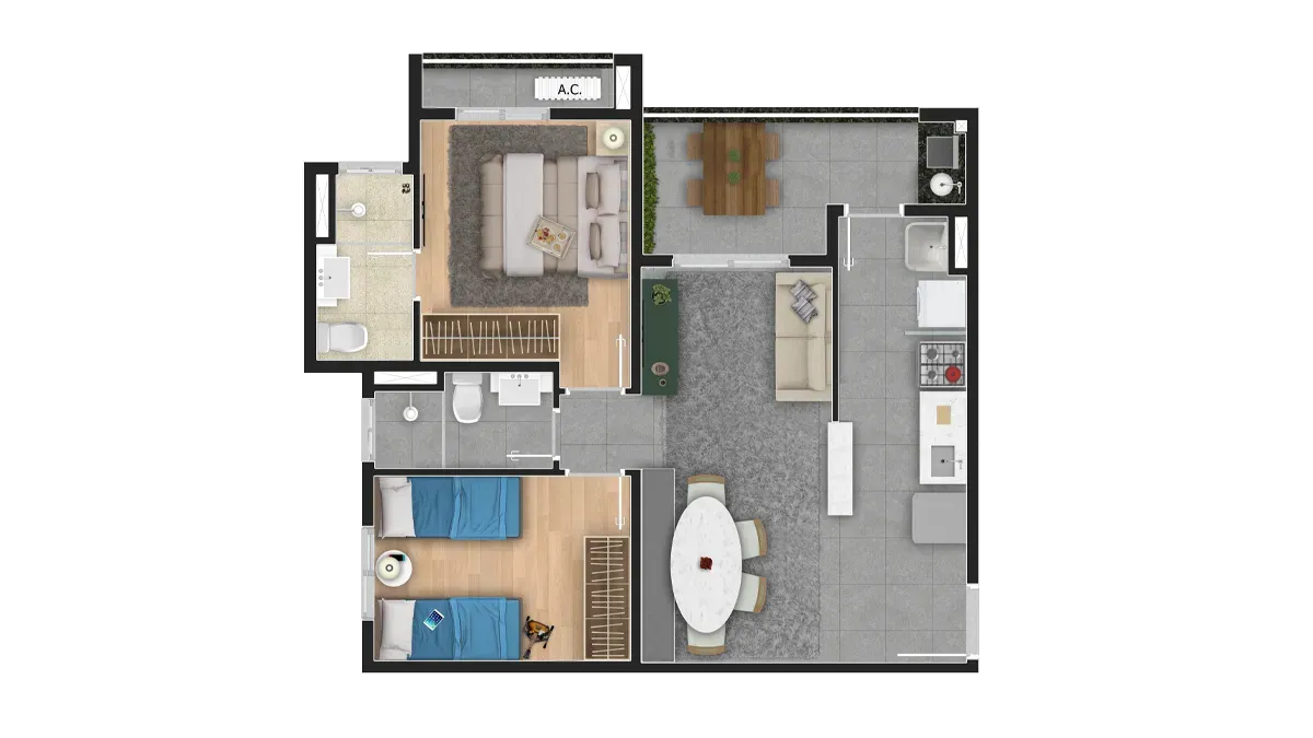 Planta de 60 m² do JJR Buena Vista Clube — imagem ilustrativa