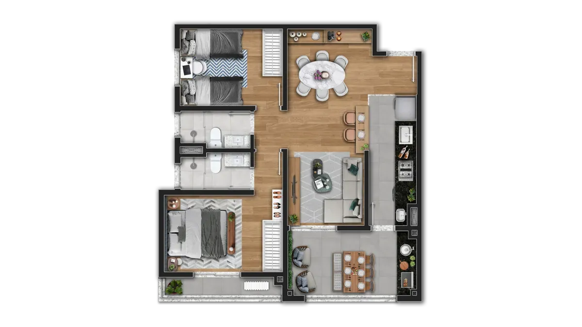 Planta de 66 m² do Essência Campolim — imagem ilustrativa