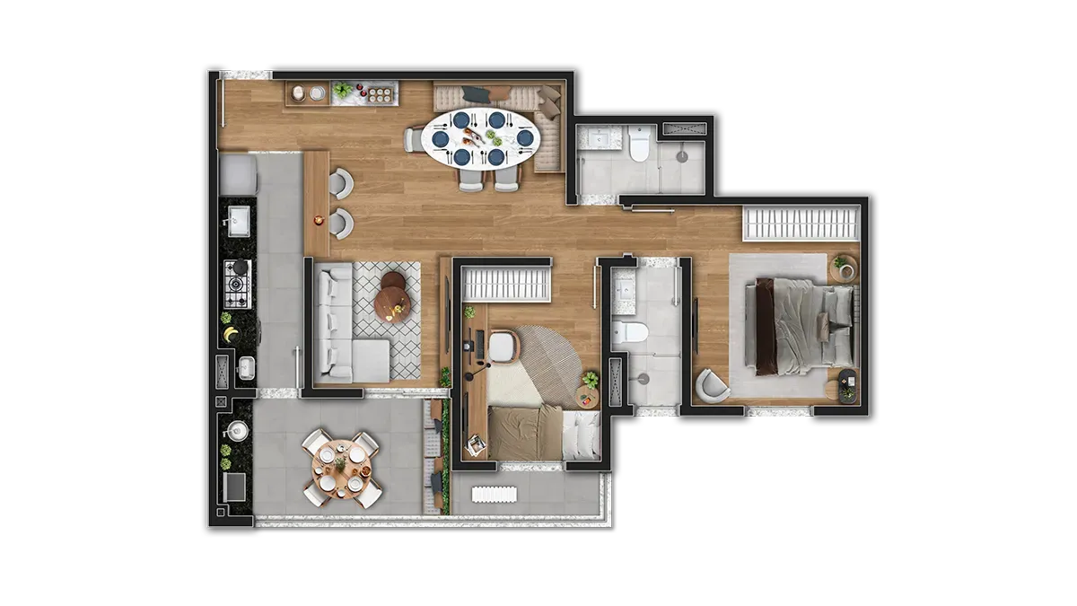 Planta de 71 m² do Essência Campolim — imagem ilustrativa