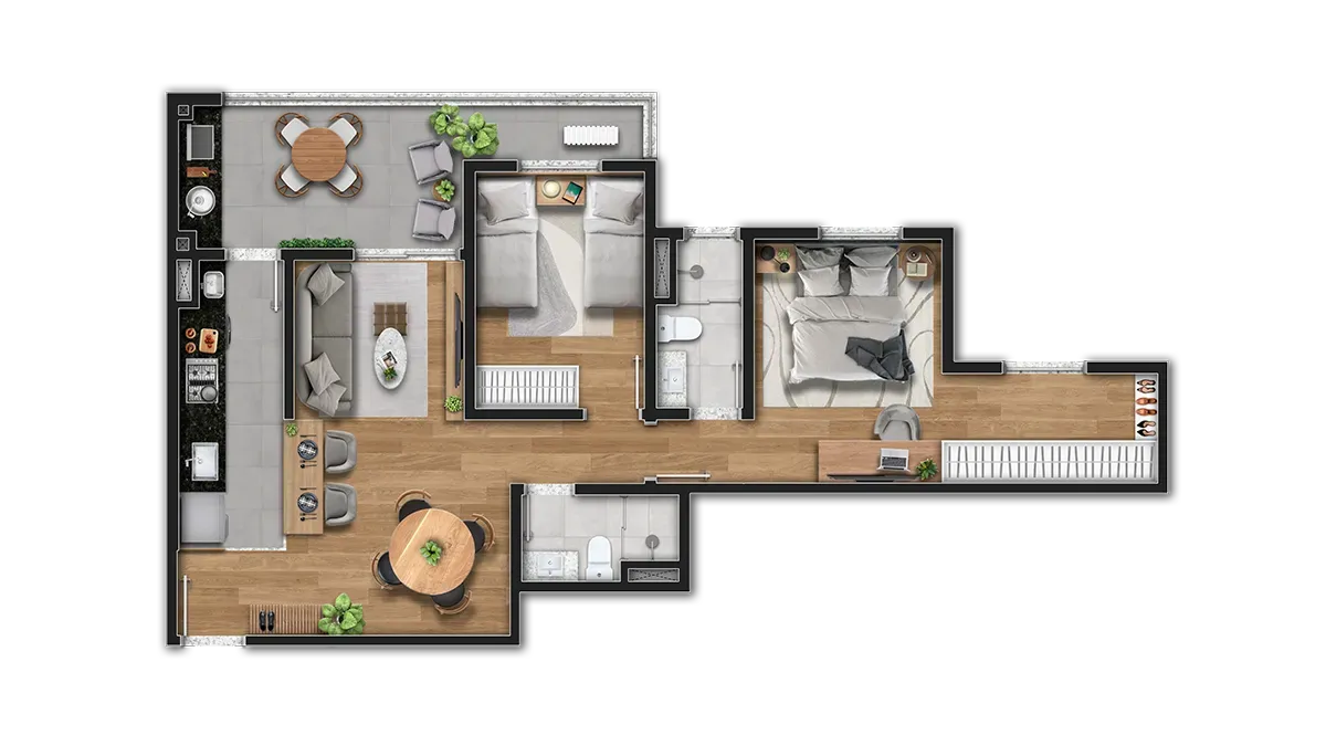 Planta de 73 m² do Essência Campolim — imagem ilustrativa