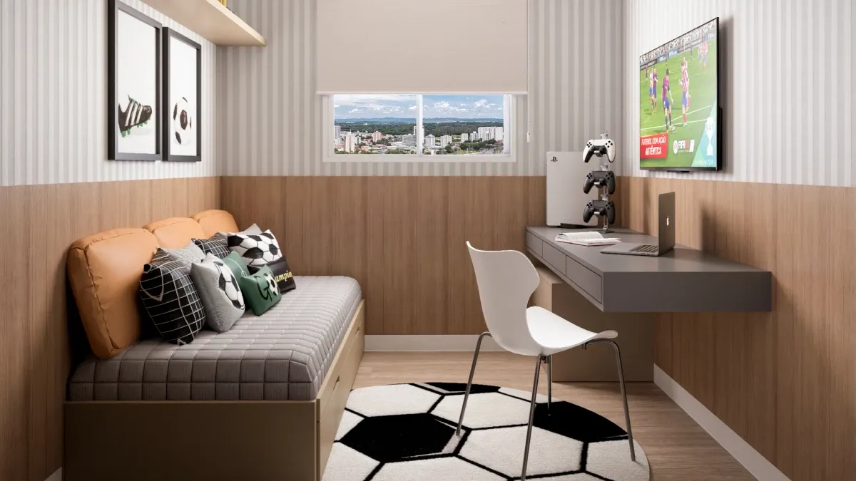 Quarto com TV da planta de 66 m² do JR São Paulo II — imagem ilustrativa