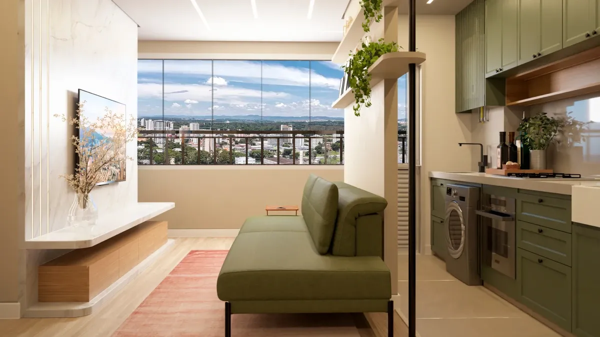 Sala com TV da planta de 66 m² do JR São Paulo II — imagem ilustrativa
